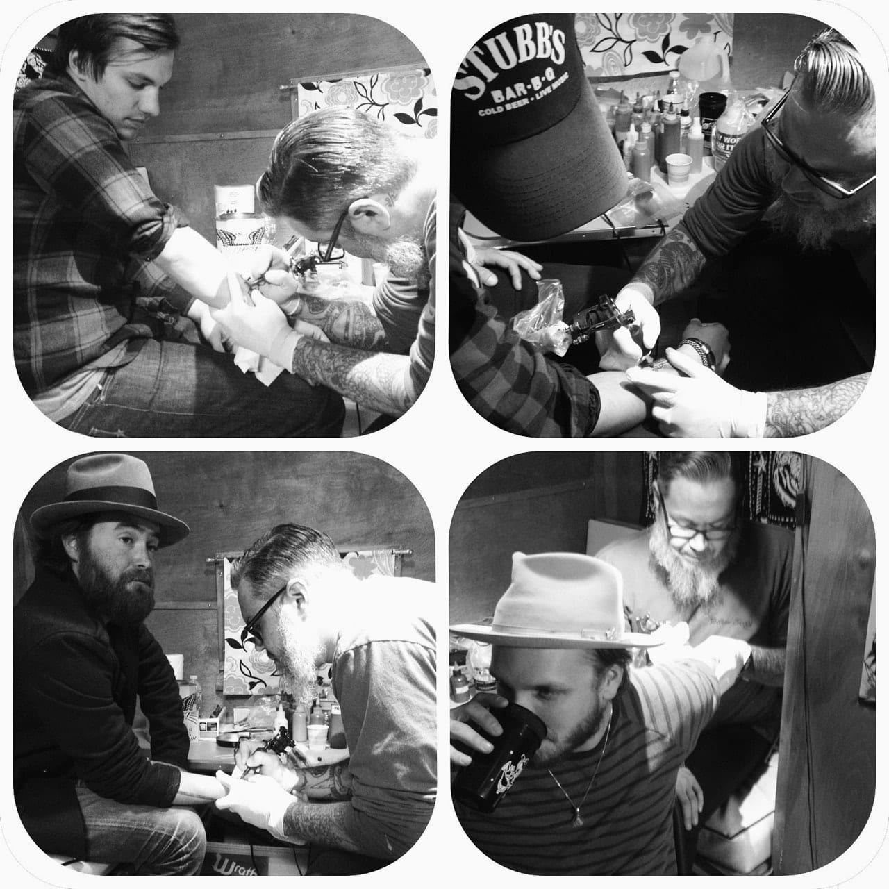 Four-frame black-and-white collage showing members or associates of The Wild Feathers receiving tattoos backstage at Voodoo Fest.