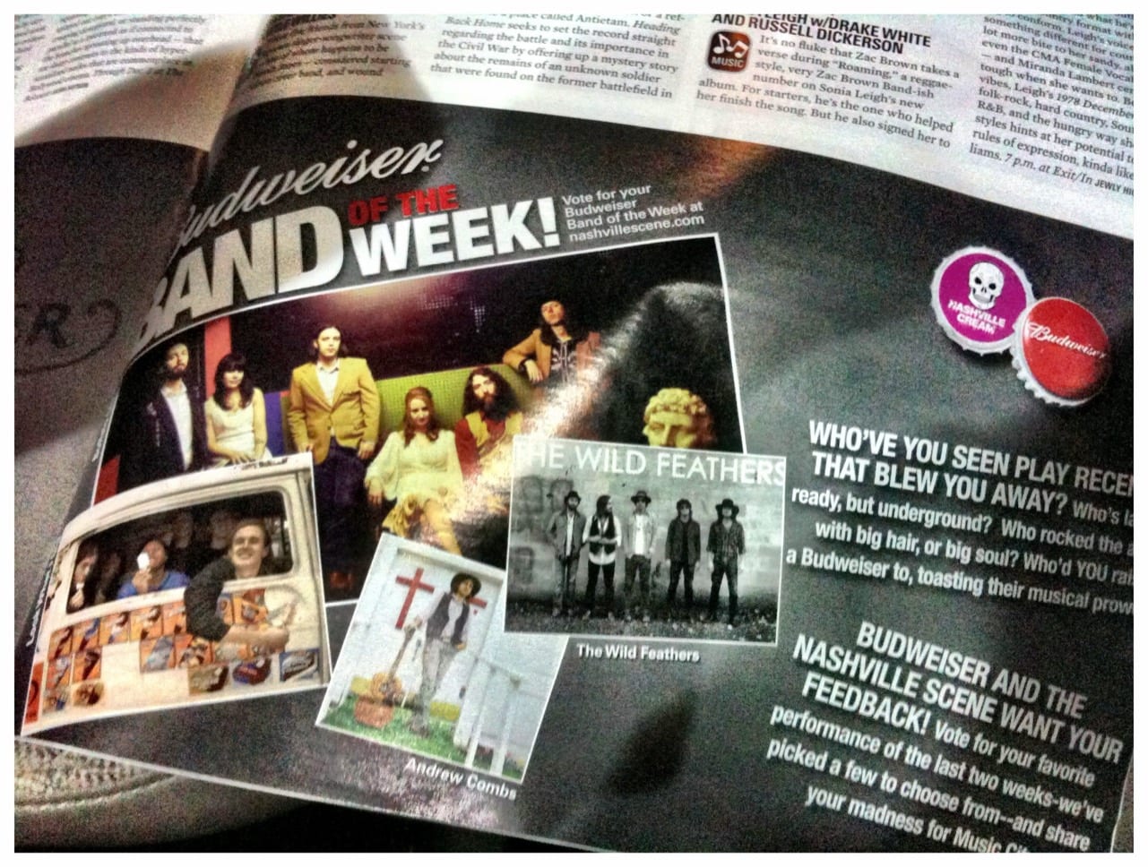 Open Nashville Scene page showing The Wild Feathers among the Budweiser Band of the Week selections.