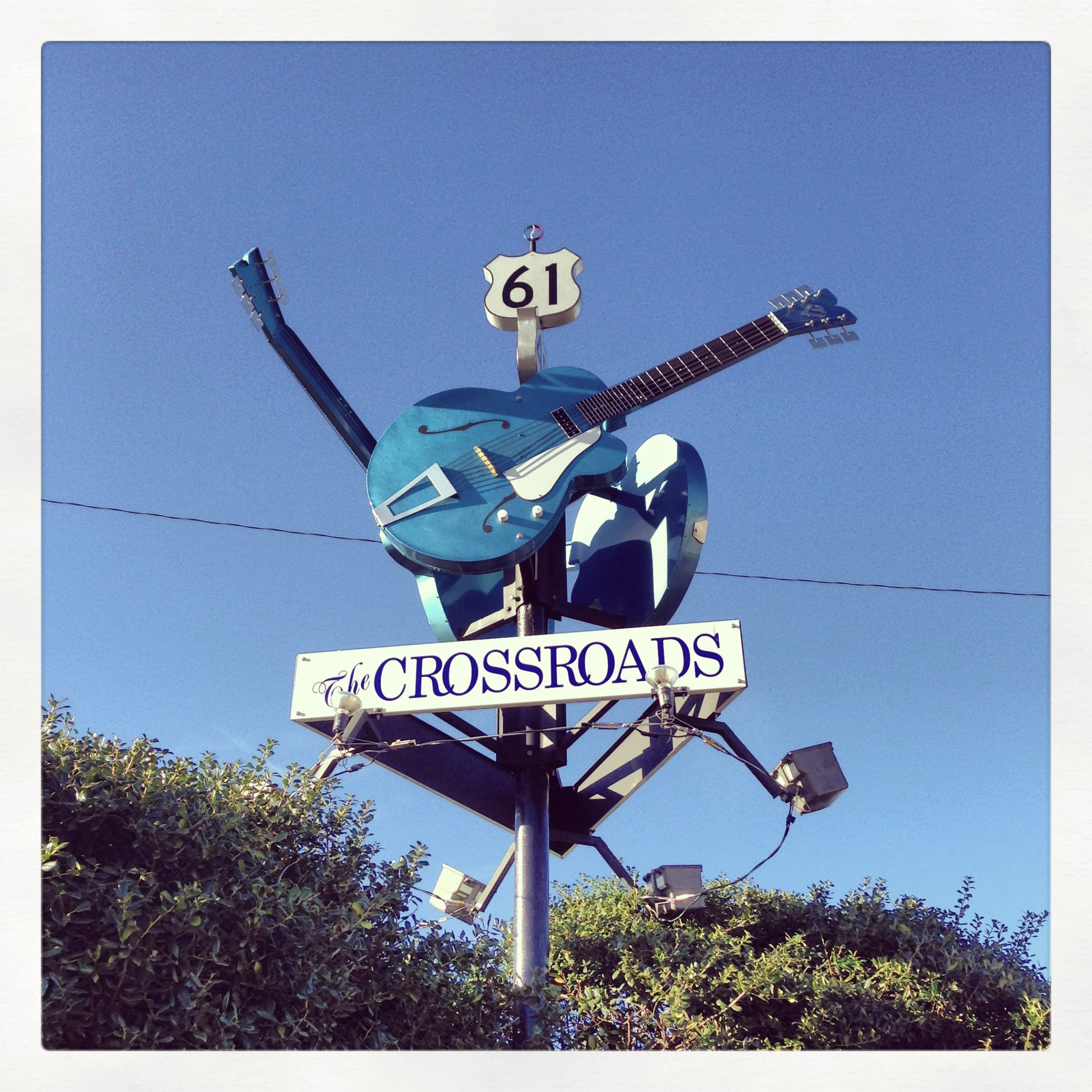 The large guitar-shaped Crossroads Highway 61 landmark in Clarksdale, Mississippi.