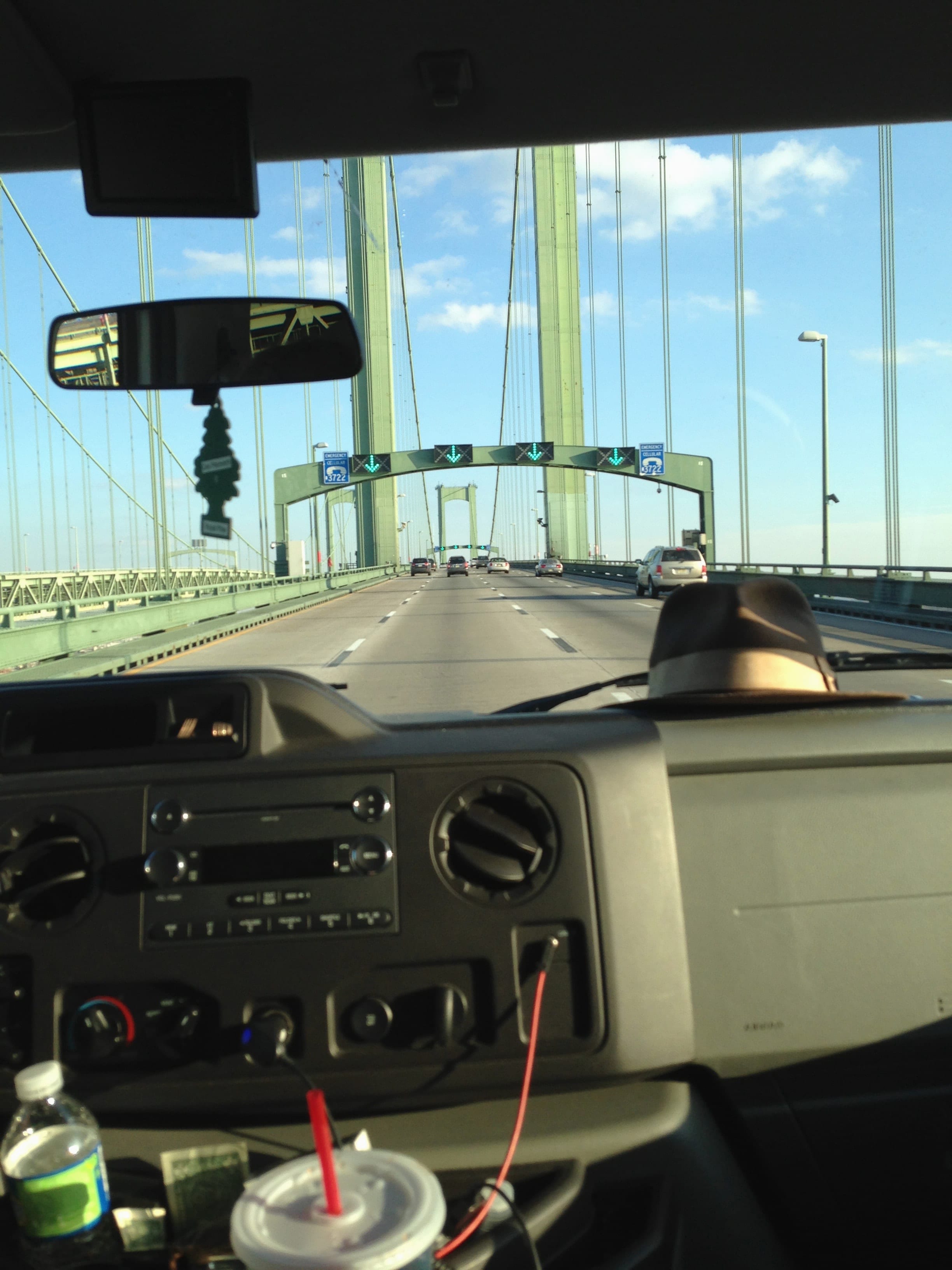 A highway bridge seen through a vehicle windshield near Wilmington, Delaware.