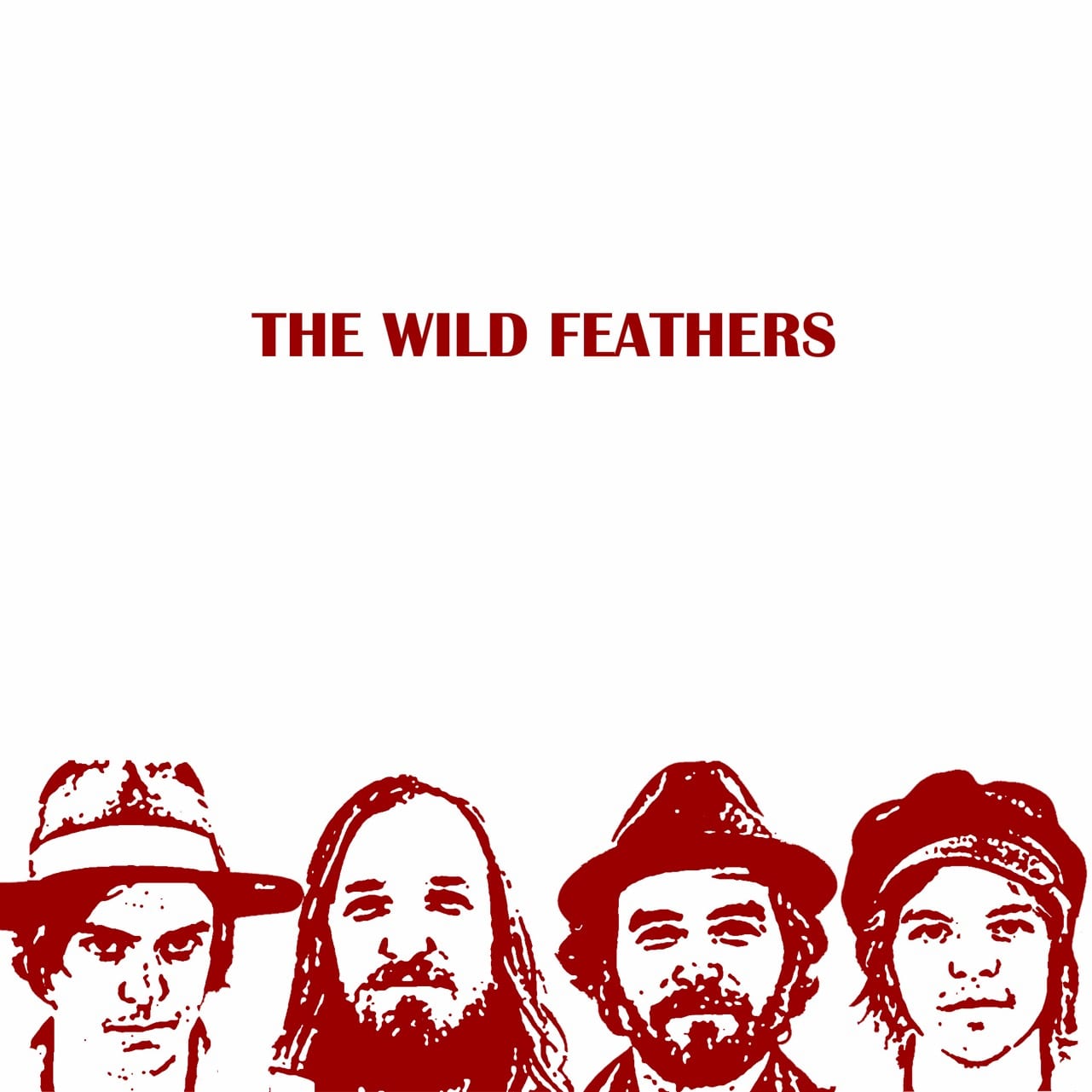 Minimal red-and-white Wild Feathers promotional graphic with four cropped illustrated portraits along the bottom edge.