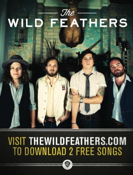 Vertical Warner Bros. promotional card showing four Wild Feathers members and offering two free song downloads.