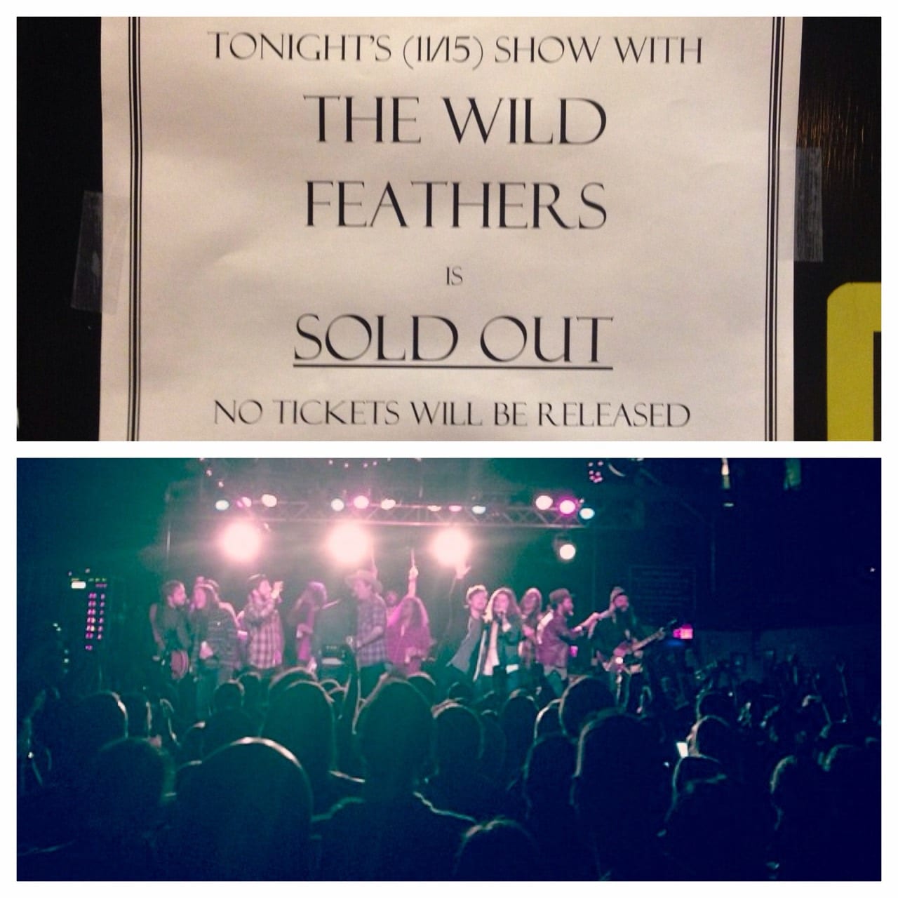 Composite showing a sold-out notice for The Wild Feathers dated November 5 above a crowded concert-stage photograph.