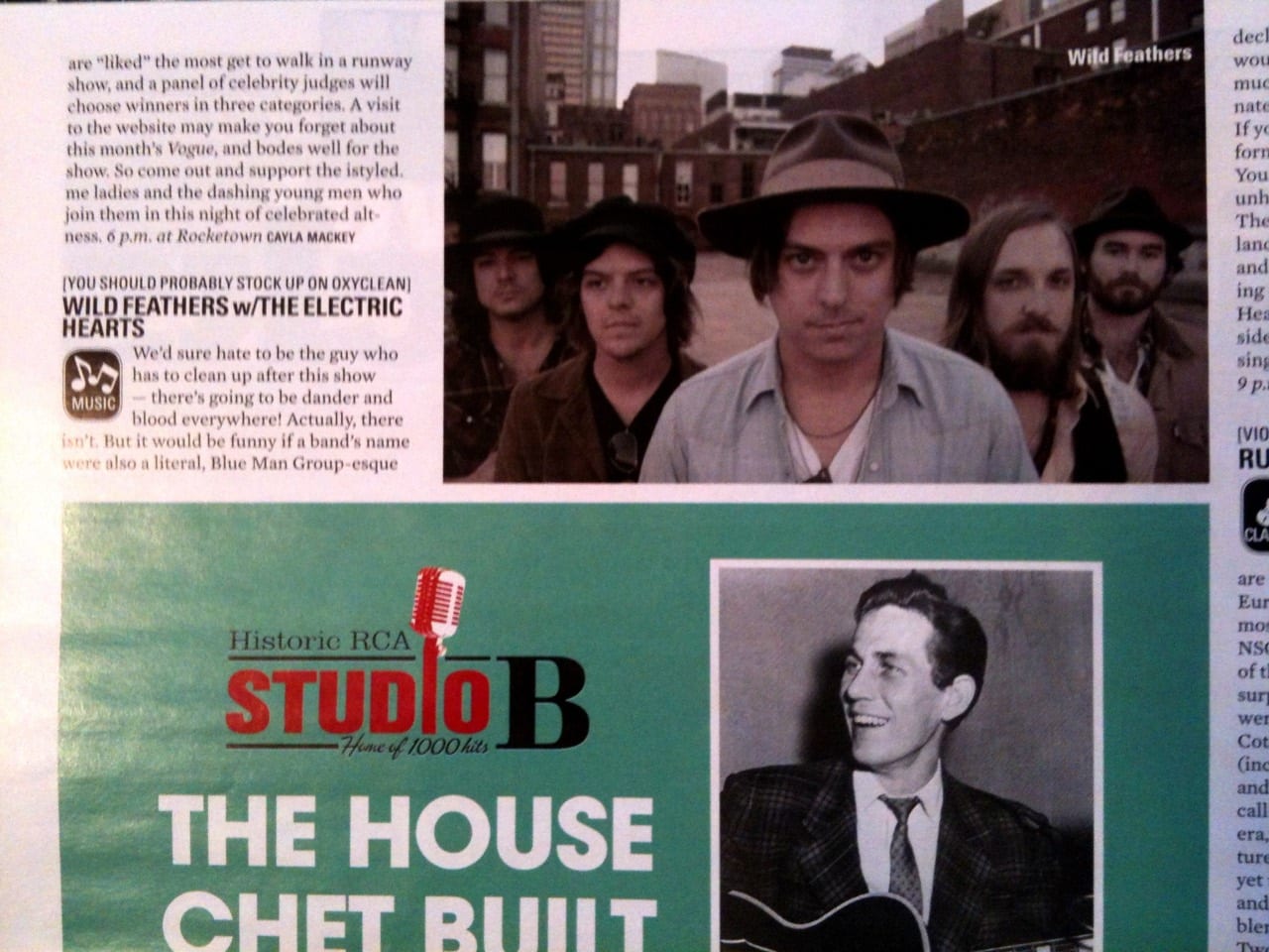 Photographed Nashville Scene page with a Wild Feathers concert recommendation and a four-member band image.