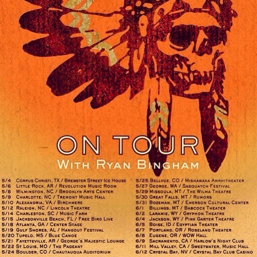 Orange Wild Feathers tour graphic listing Ryan Bingham support dates from May 4 through June 12, 2013.