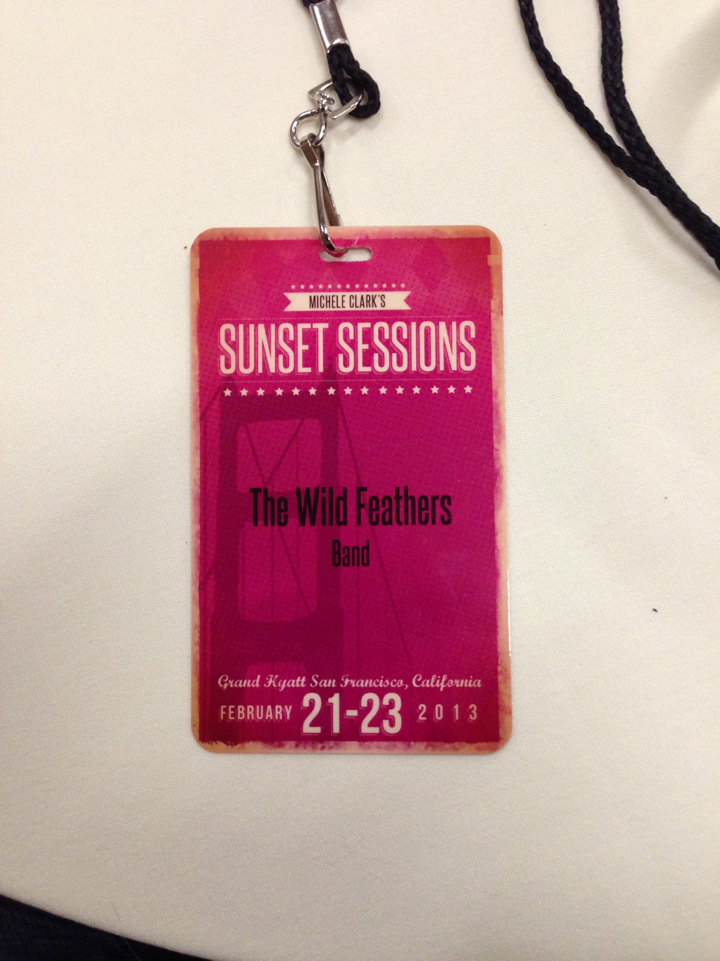 A Sunset Sessions event badge photographed at the Grand Hyatt Union Square in San Francisco.