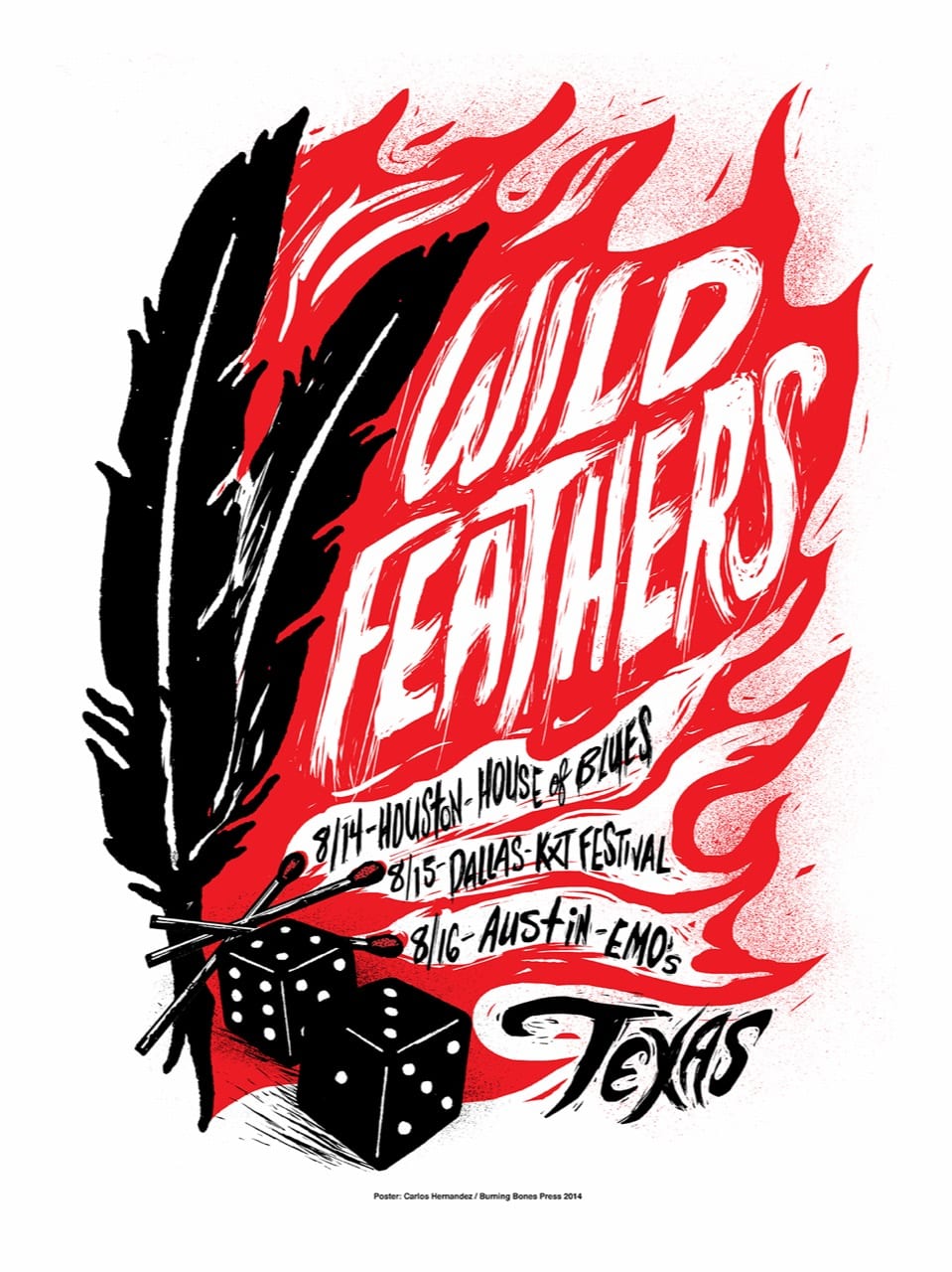 Red, black, and white Wild Feathers poster for August 2014 shows in Houston, Dallas, and Austin.
