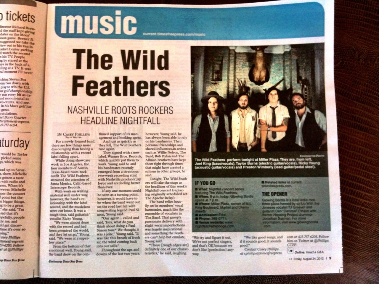 Chattanooga Times Free Press music page dated August 24, 2012, previewing The Wild Feathers at Nightfall.