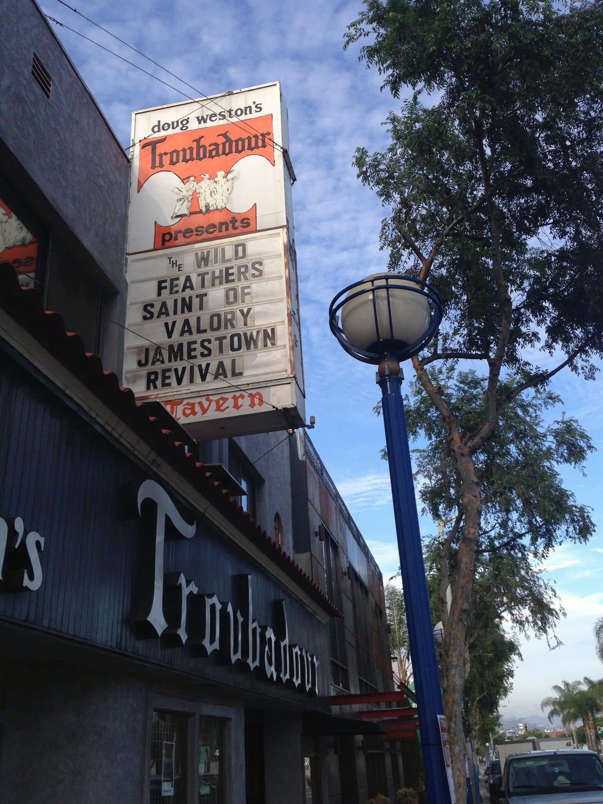 The Troubadour marquee listing The Wild Feathers for a March 5 performance in West Hollywood.