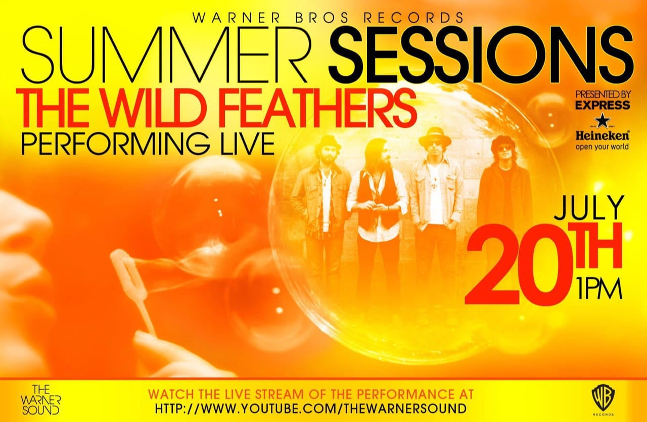 Orange Warner Bros. Records Summer Sessions poster announcing a Wild Feathers livestream on July 20 at 1 p.m.