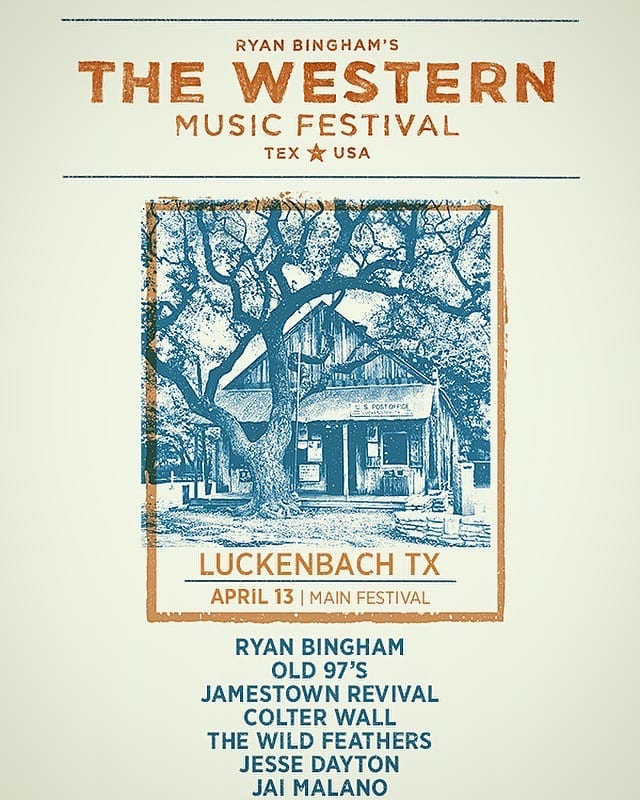 Poster for Ryan Bingham's Western Music Festival in Luckenbach featuring The Wild Feathers on April 13.