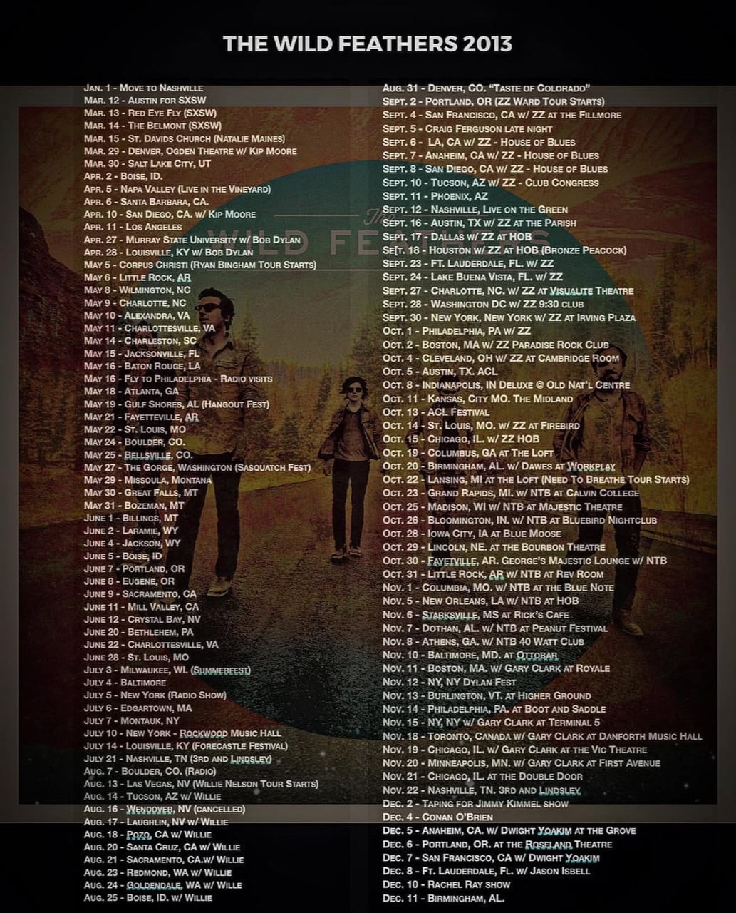 The Wild Feathers 2013 working chronology poster, listing tour and travel dates from January through December in two dense columns.