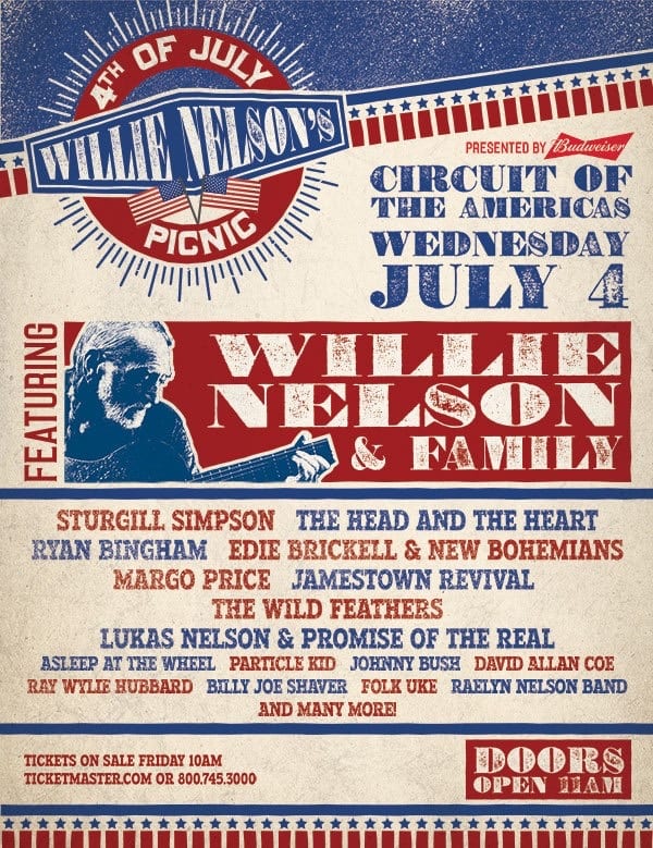 Patriotic poster for Willie Nelson's Fourth of July Picnic at Circuit of the Americas featuring The Wild Feathers.